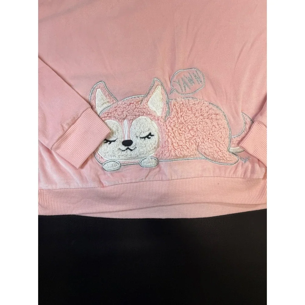 Justice Girls Pink Velour Long Sleeve Top Sleeping Puppy Yawn Graphic Size 12 J6